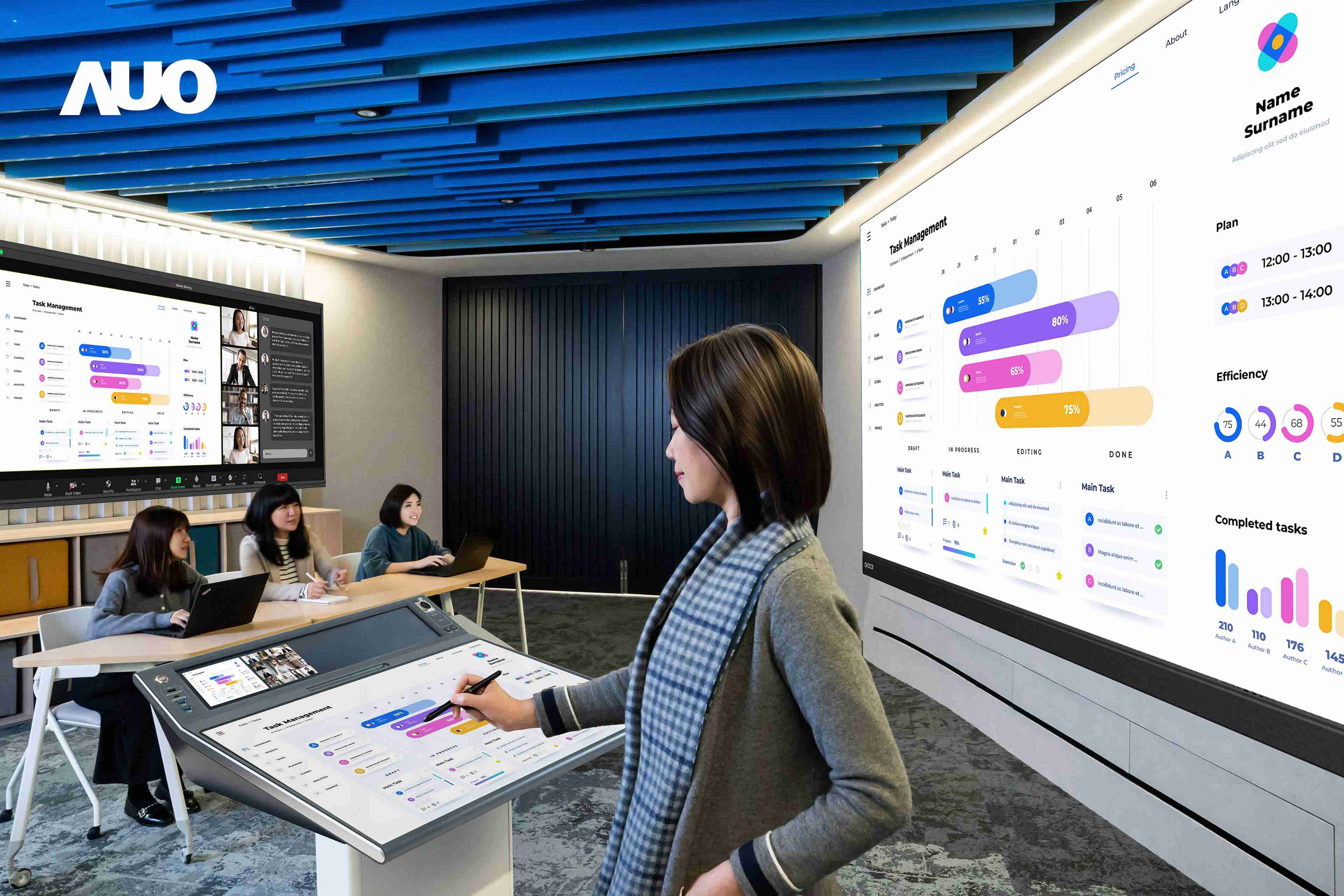 达擎携手Avocor与Rise Vision展示全方位商务领域应用，，，包含采用模块化设计的138吋一体式All-in-One LED显示器及具21:9超宽比例的92吋交互式电子白板（IFPD），，讲者可轻松分享内容，，有效提升会议协作效率。。。。